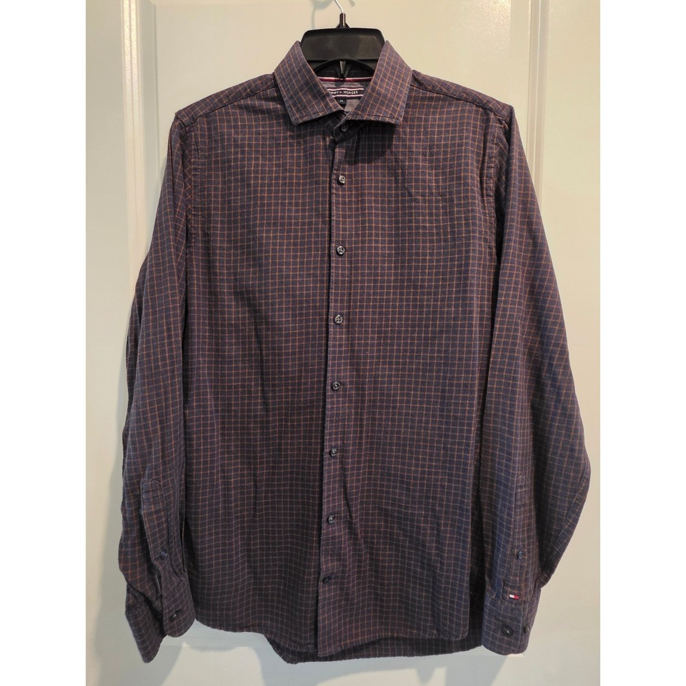 Men's sz Medium Tommy Hilfiger Cotton Wool Blend Plaid Button Down Shirt Navy